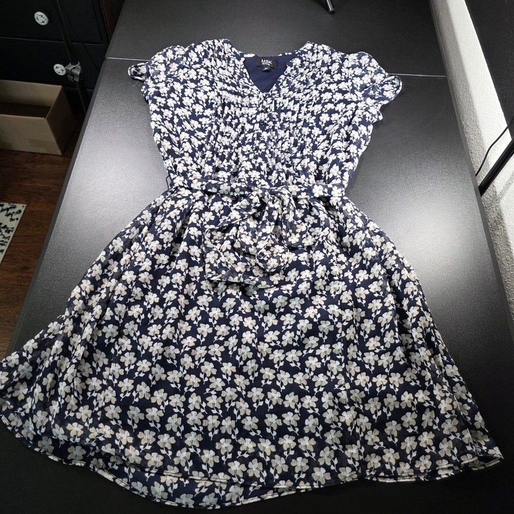MSK Petite Navy Blue Floral Pleated Fit and Flare Belted Dress 12P